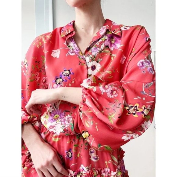 Alexis Loe Floral Ruffle Long Puff Sleeve Ruffle Mini Dress Red Orange XS - Picture 4 of 14